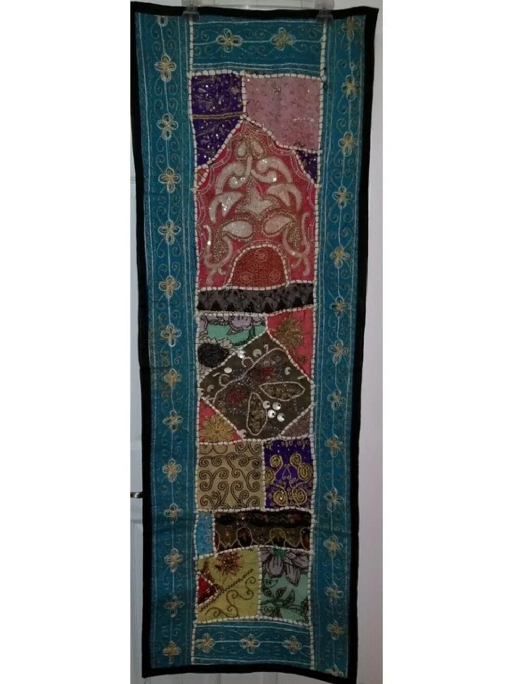 HAND BEADED EMBELLISHED INDIA WALL ART TAPESTRY PATCHWORK RECTANGLE 58 x 20 BLUE